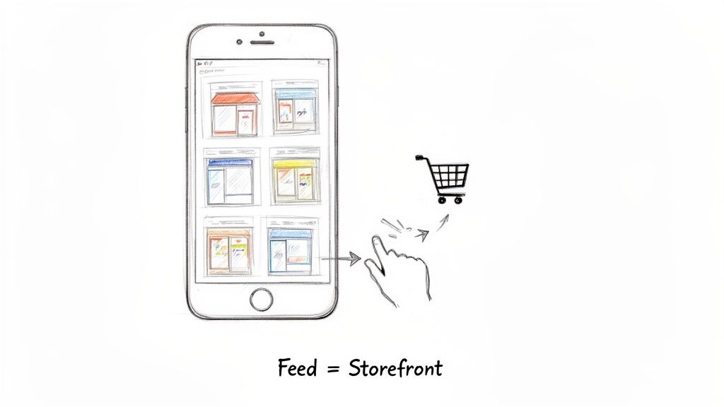 Smartphone app showing multiple online storefronts, a hand tapping, and a shopping cart for mobile e-commerce.