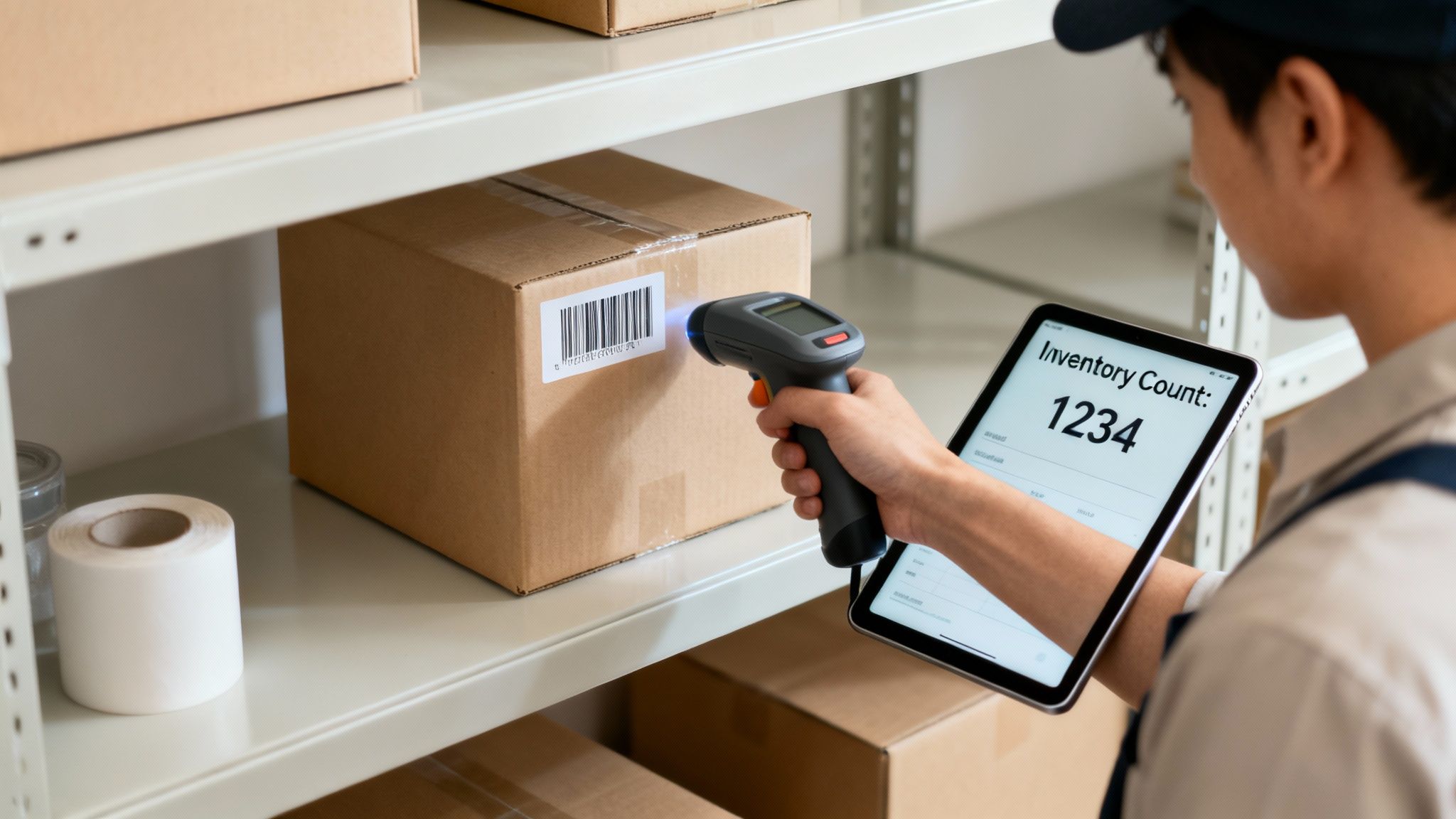 A worker scans a barcode on a cardboard box with a handheld scanner, updating inventory count on a tablet.
