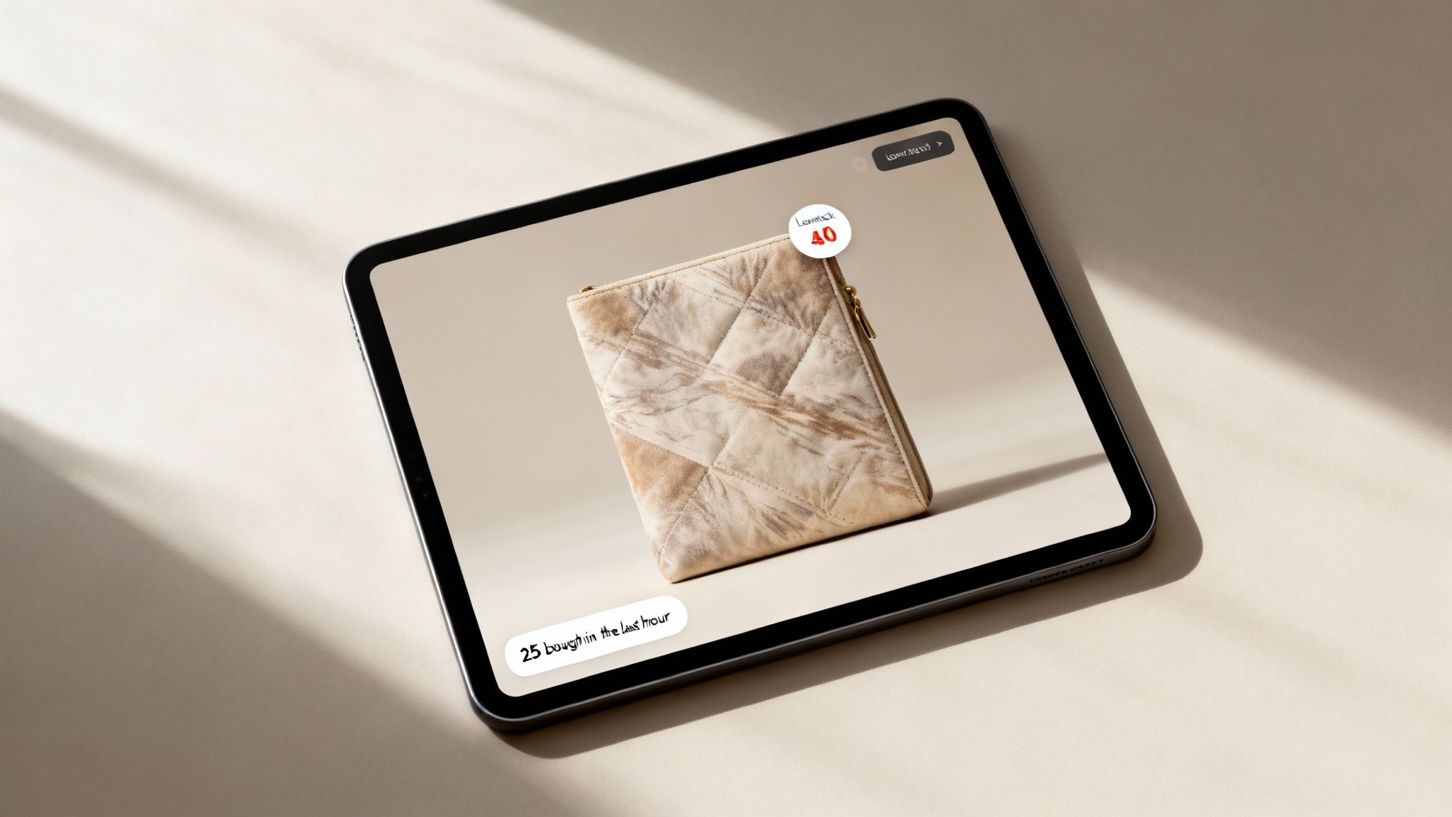 Tablet displaying luxury quilted pouch with forty percent discount badge and purchase activity notification