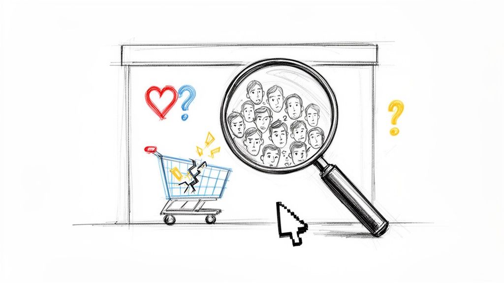 Illustration depicting qualitative customer research: a magnifying glass over diverse faces, a broken shopping cart, and question marks.