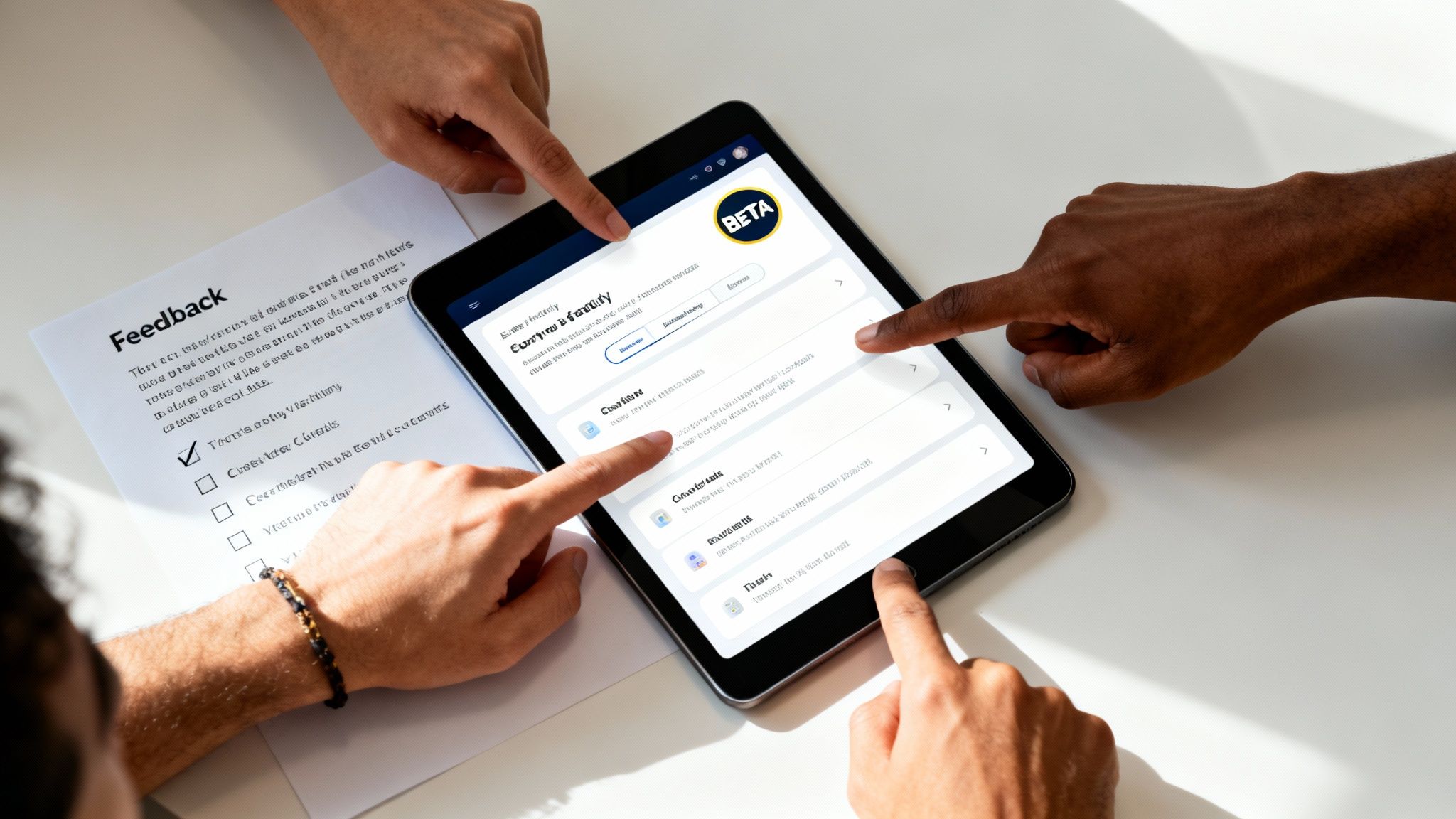 Multiple hands collaborate, reviewing a digital app on a tablet and a physical feedback form.
