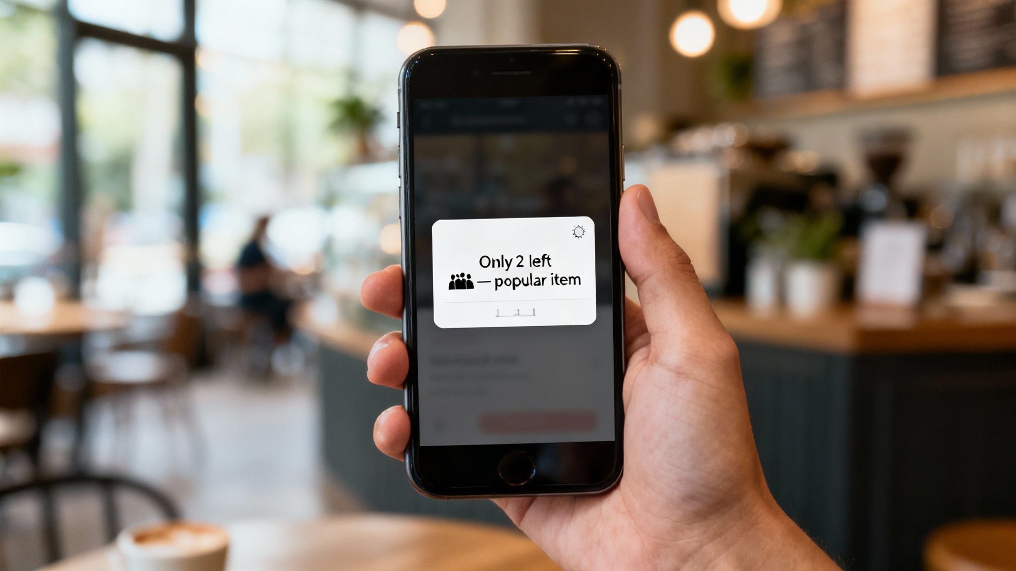 Hand holding a smartphone displaying a 'Only 2 left - popular item' notification in a cafe.
