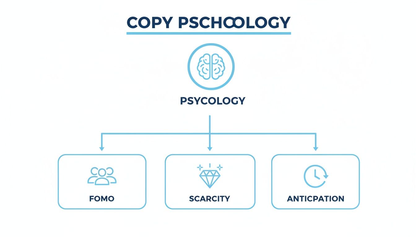 A copy psychology diagram showing how psychology relates to FOMO, Scarcity, and Anticipation.