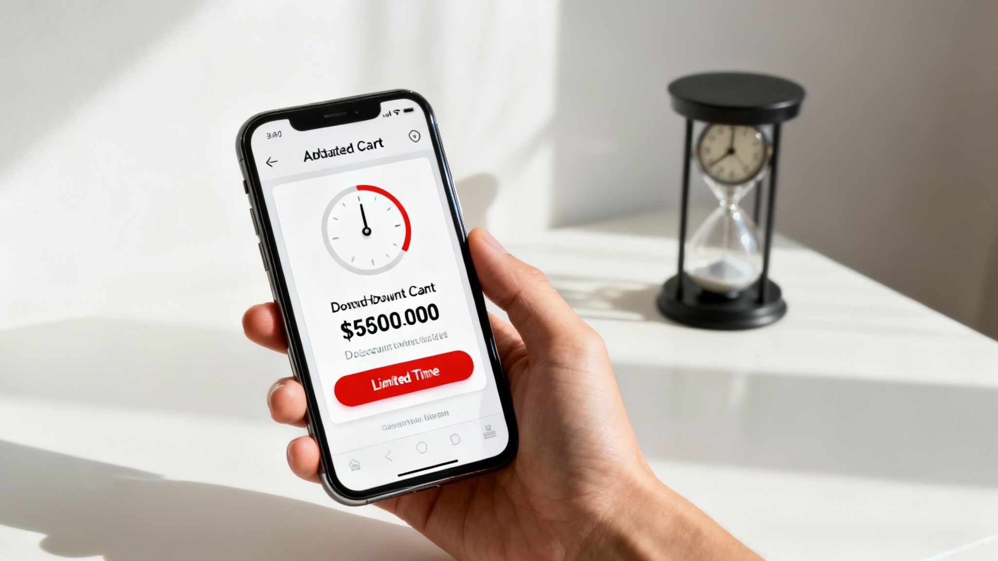 Hand holding smartphone displaying abandoned cart with countdown timer and limited time discount offer
