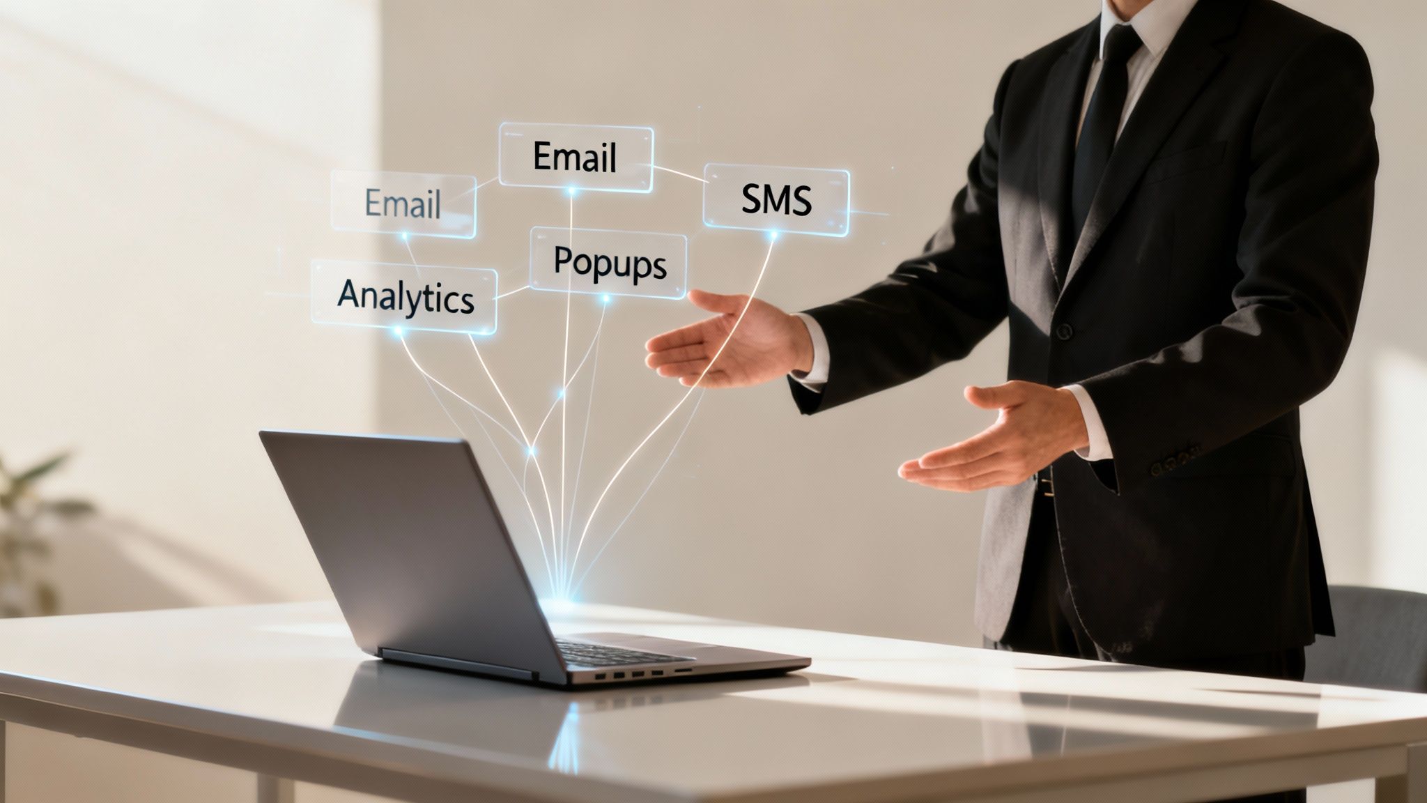 A woman working on a laptop with charts and graphs in the background, representing an ecommerce marketing platform.