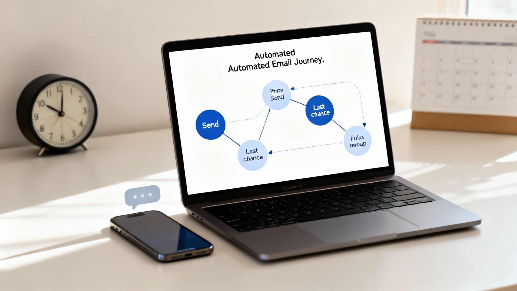 A laptop displays an automated email journey diagram, with a phone, clock, and calendar on a desk.