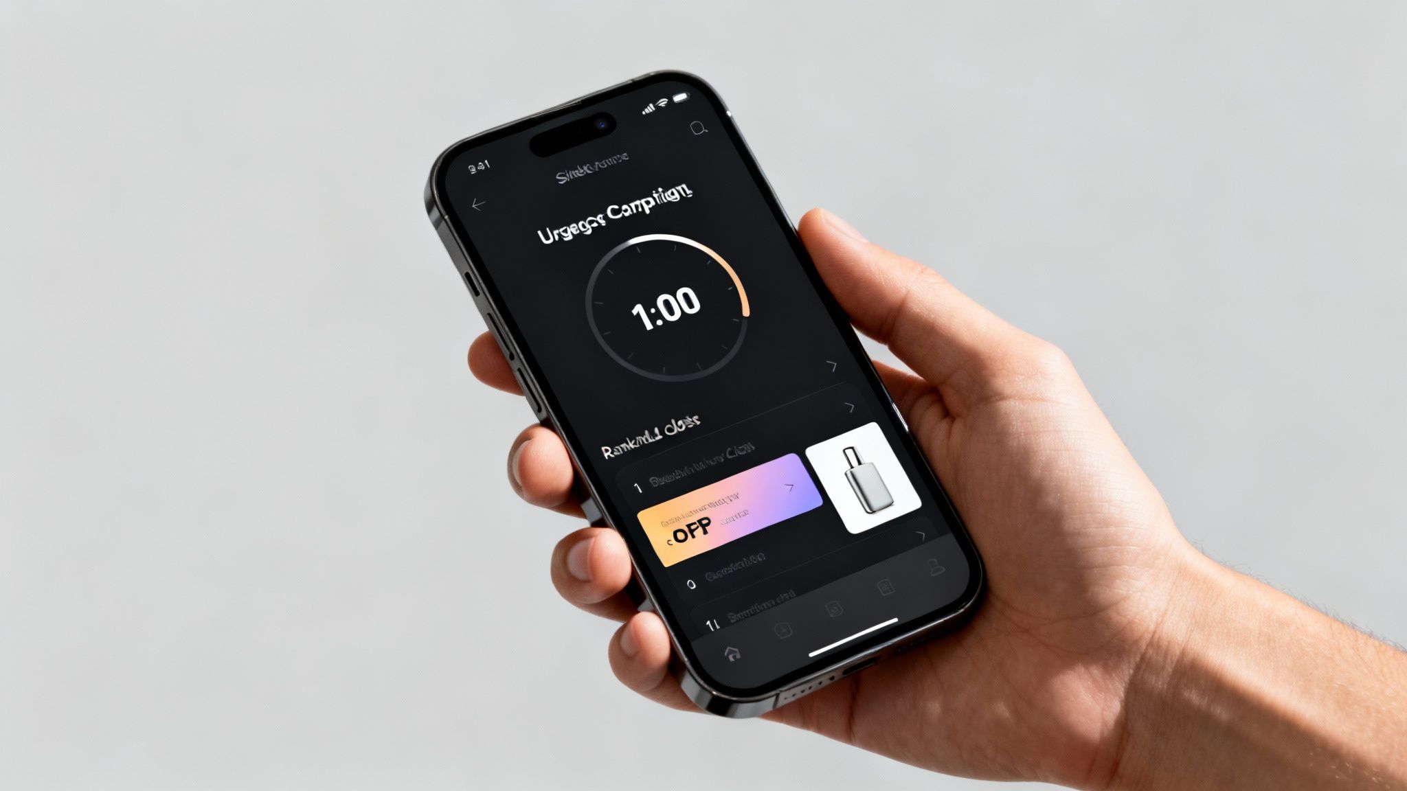 A hand holds a black smartphone displaying a dark-themed productivity app with a 1:00 timer and task list.
