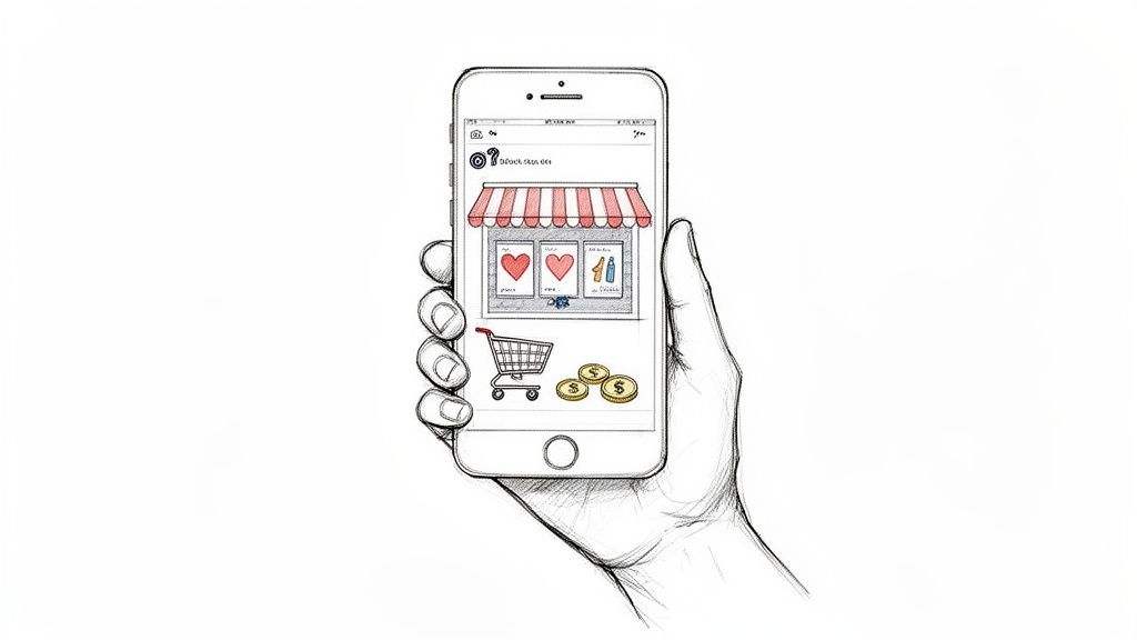 Hand holding a smartphone displaying a mobile shopping app with a store, hearts, shopping cart, and coins.