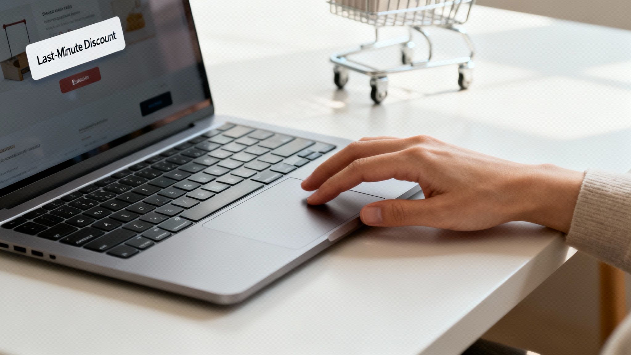 A customer interacting with a well-timed exit-intent pop-up on a laptop.