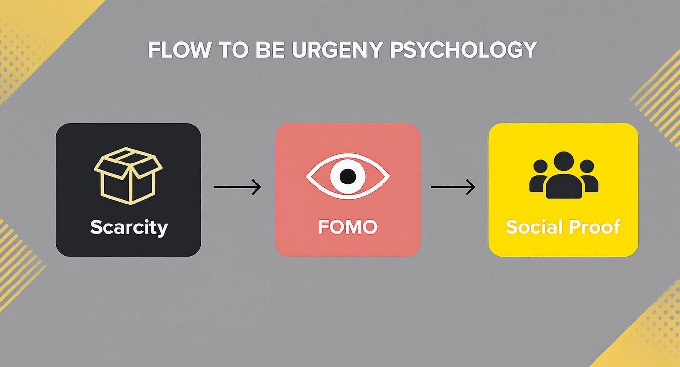 Flow diagram showing urgency psychology using scarcity, FOMO, and social proof marketing tactics