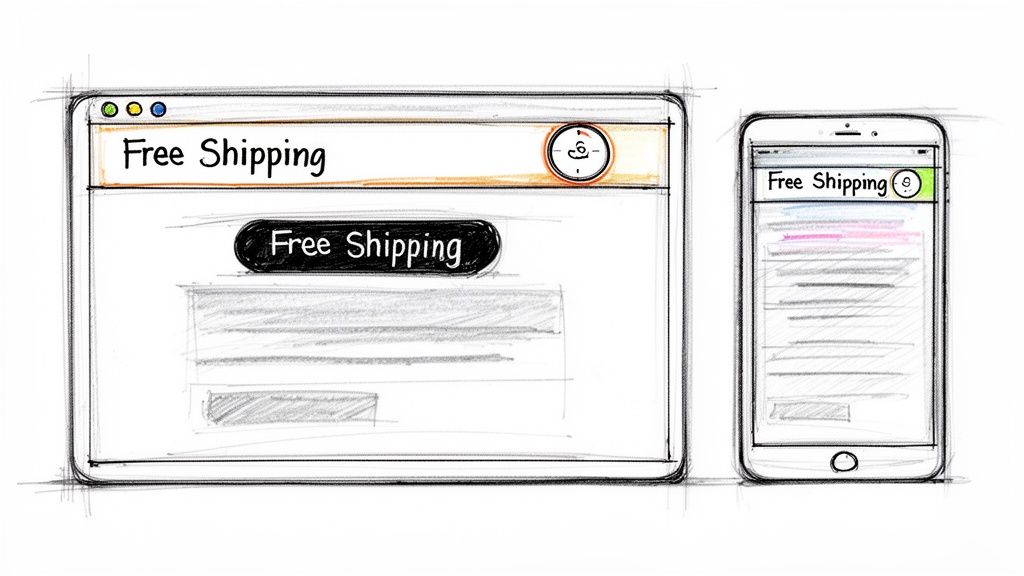 Hand-drawn sketches illustrating a desktop website and a mobile app displaying 'Free Shipping' pop-up banners and buttons.