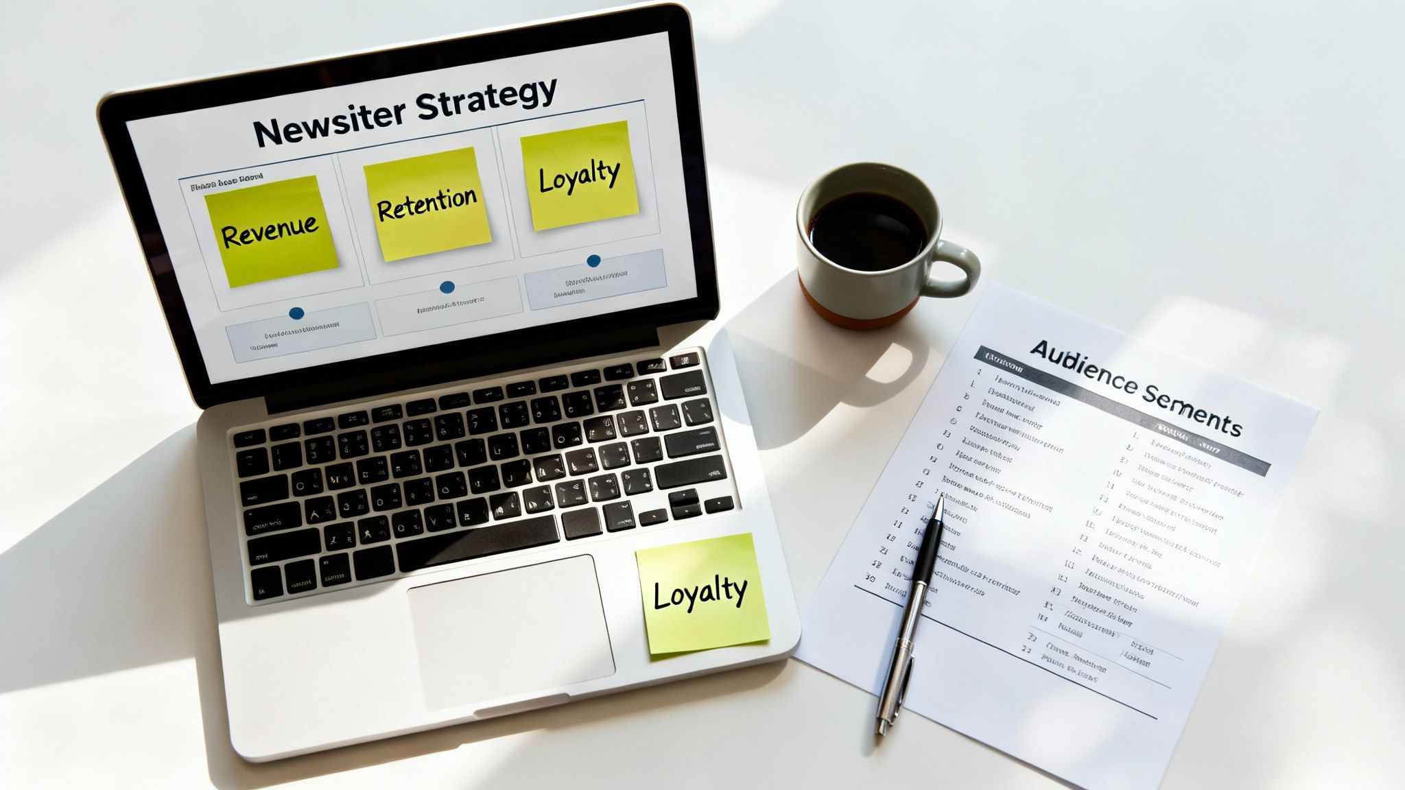 A laptop screen displays "Newsiter Strategy" with sticky notes for Revenue, Retention, and Loyalty. A coffee cup and document sit nearby.