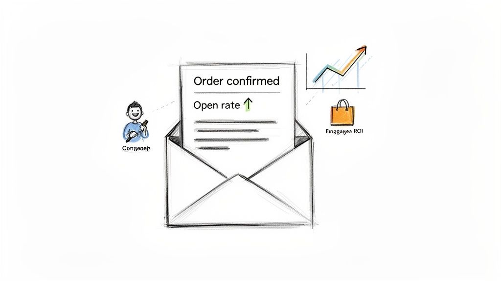 A sketch illustrating an open email with "Order confirmed" and "Open rate" increasing, showing user engagement and ROI growth.