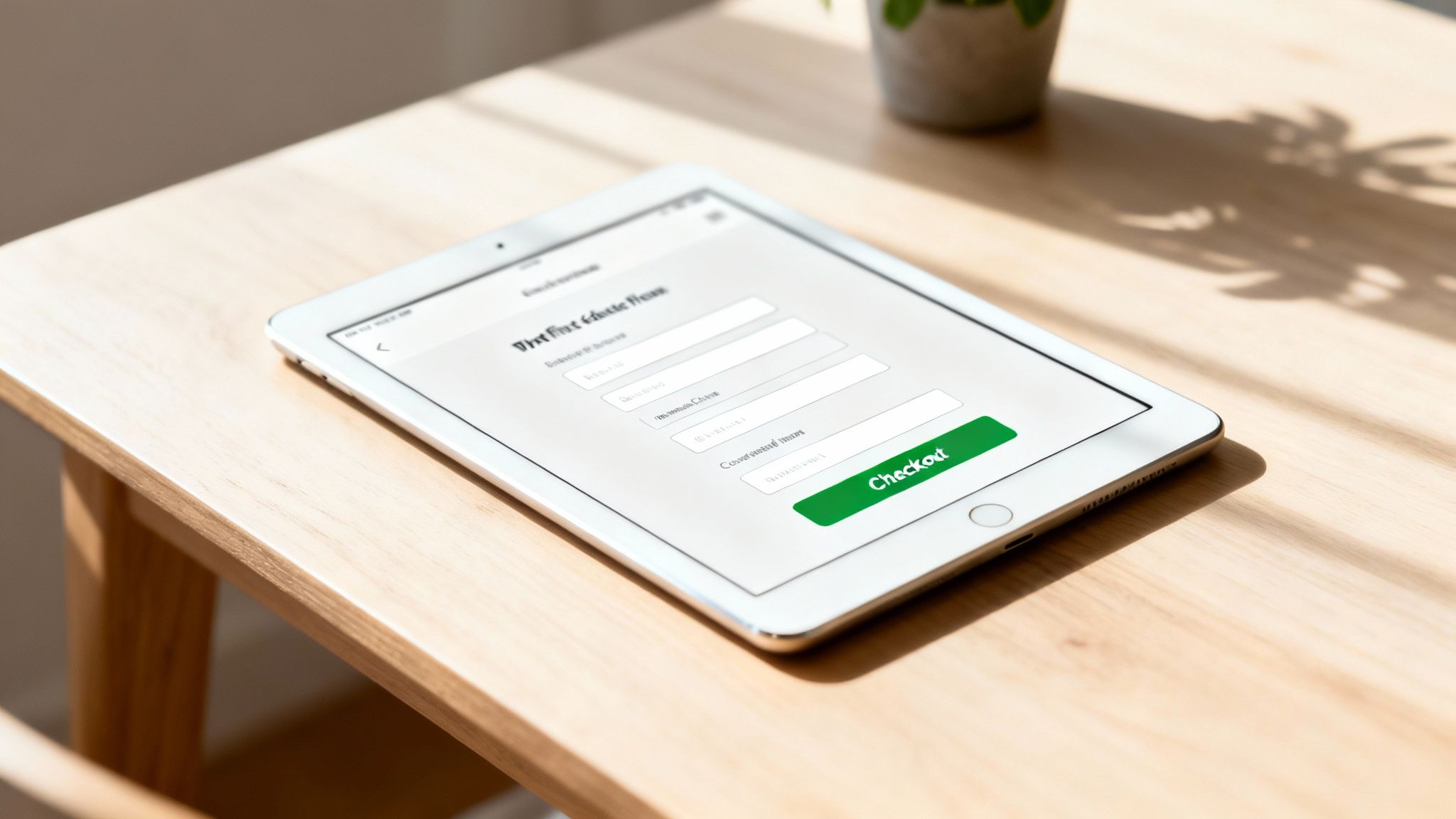 A white tablet on a wooden table displays an online checkout form with a green button.
