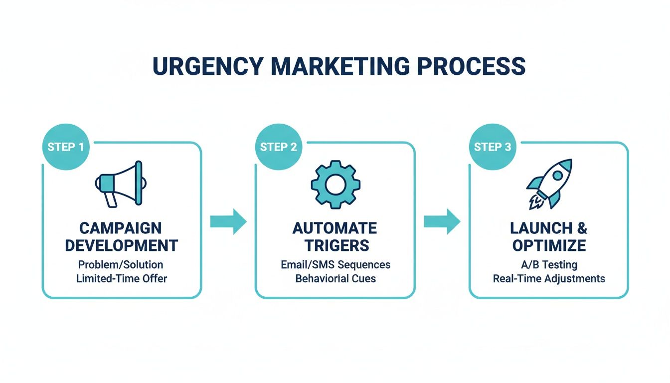 An infographic detailing the three steps of the urgency marketing process: campaign development, automate triggers, and launch & optimize.