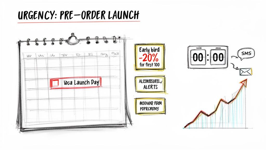 Hand-drawn marketing strategies for a pre-order launch, including discounts, alerts, and sales growth.