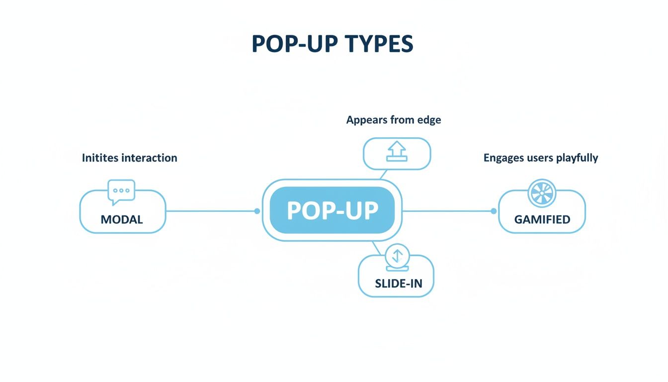 Diagram illustrating various pop-up types: Modal, Slide-in, and Gamified, along with their functions.
