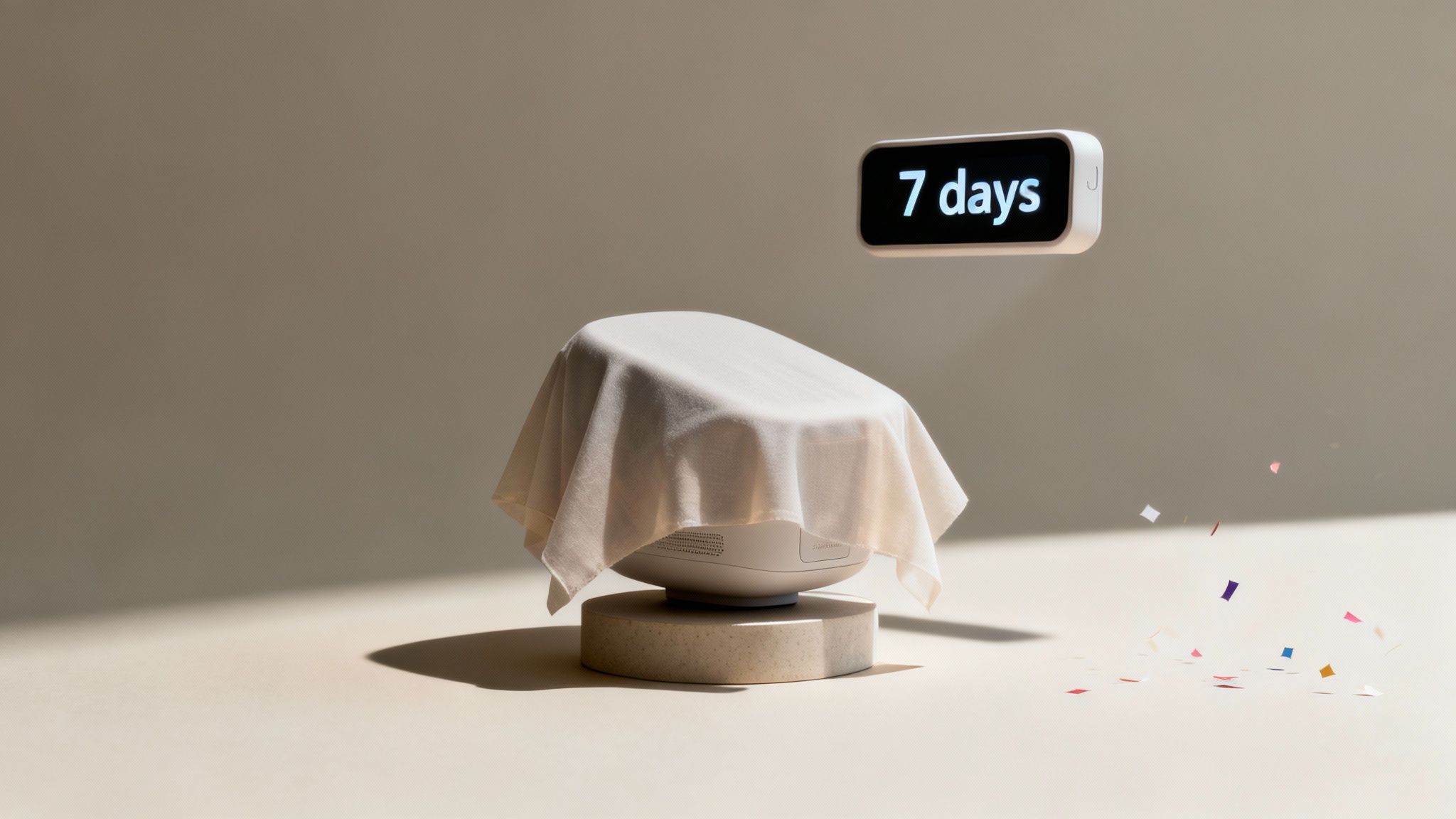 A covered product on a pedestal, a '7 days' countdown, and scattered confetti hint at a launch event.