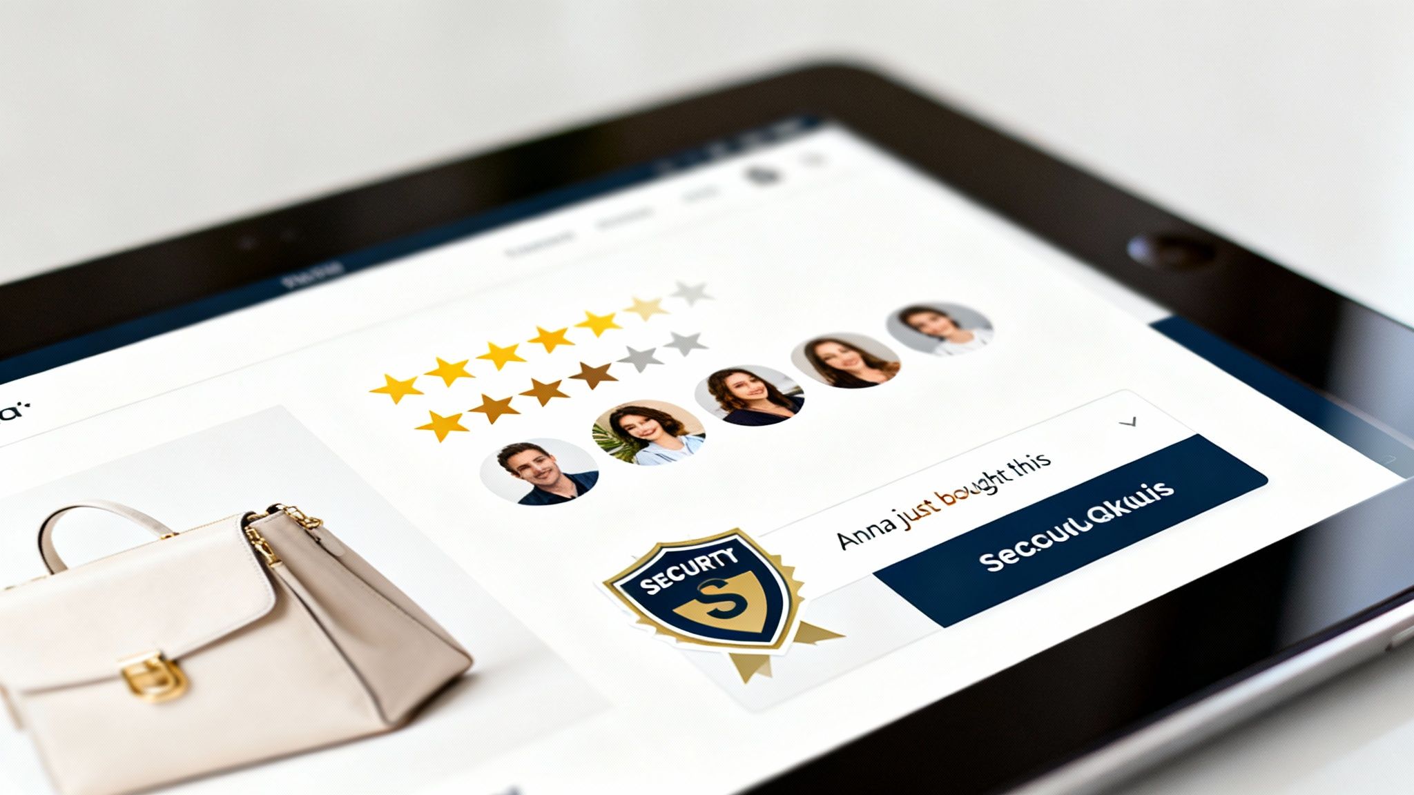 A tablet screen displaying an e-commerce website with product reviews, star ratings, and a security badge.