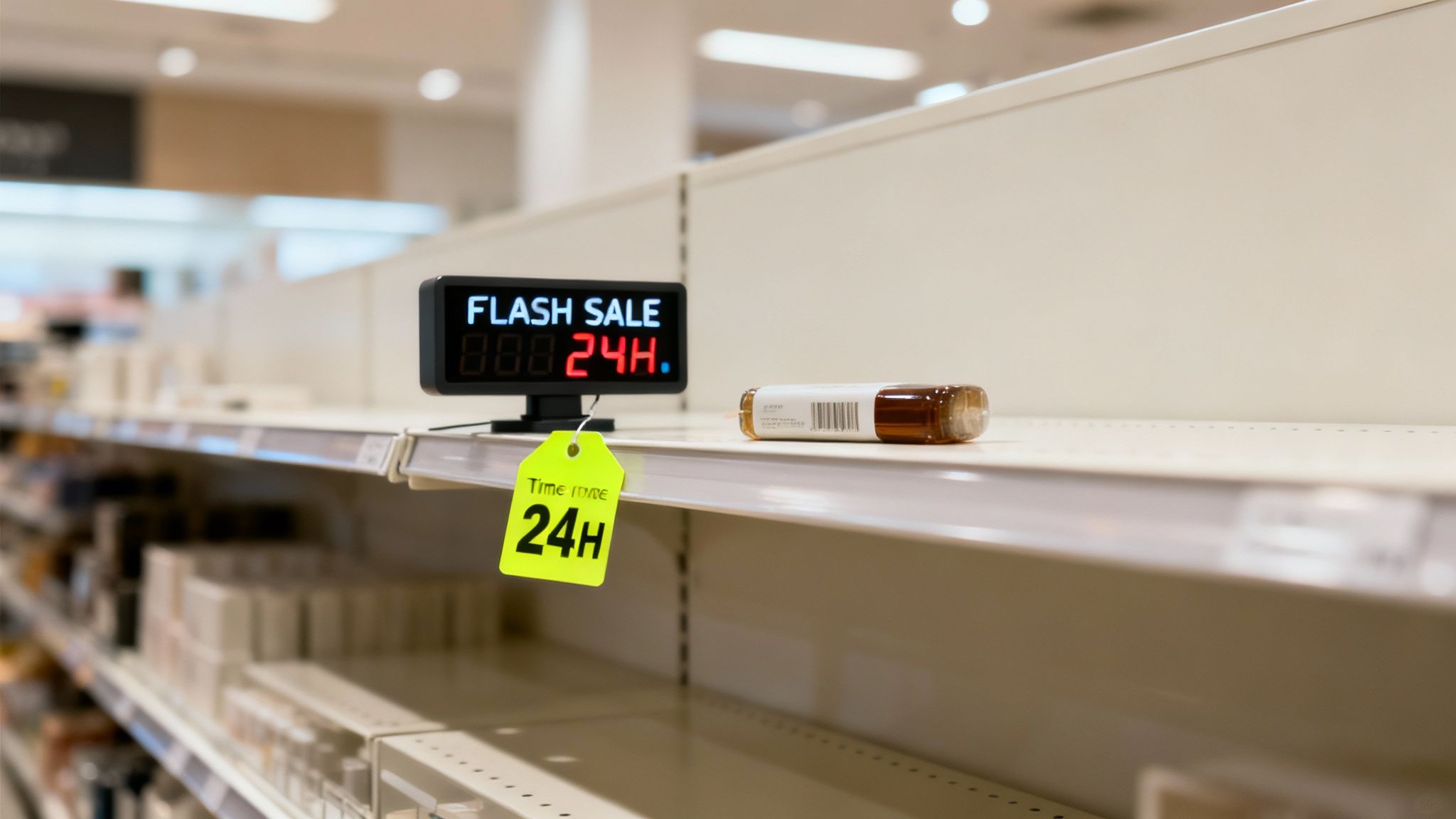 A digital sign and tag announce a 24-hour flash sale on a mostly empty retail shelf.