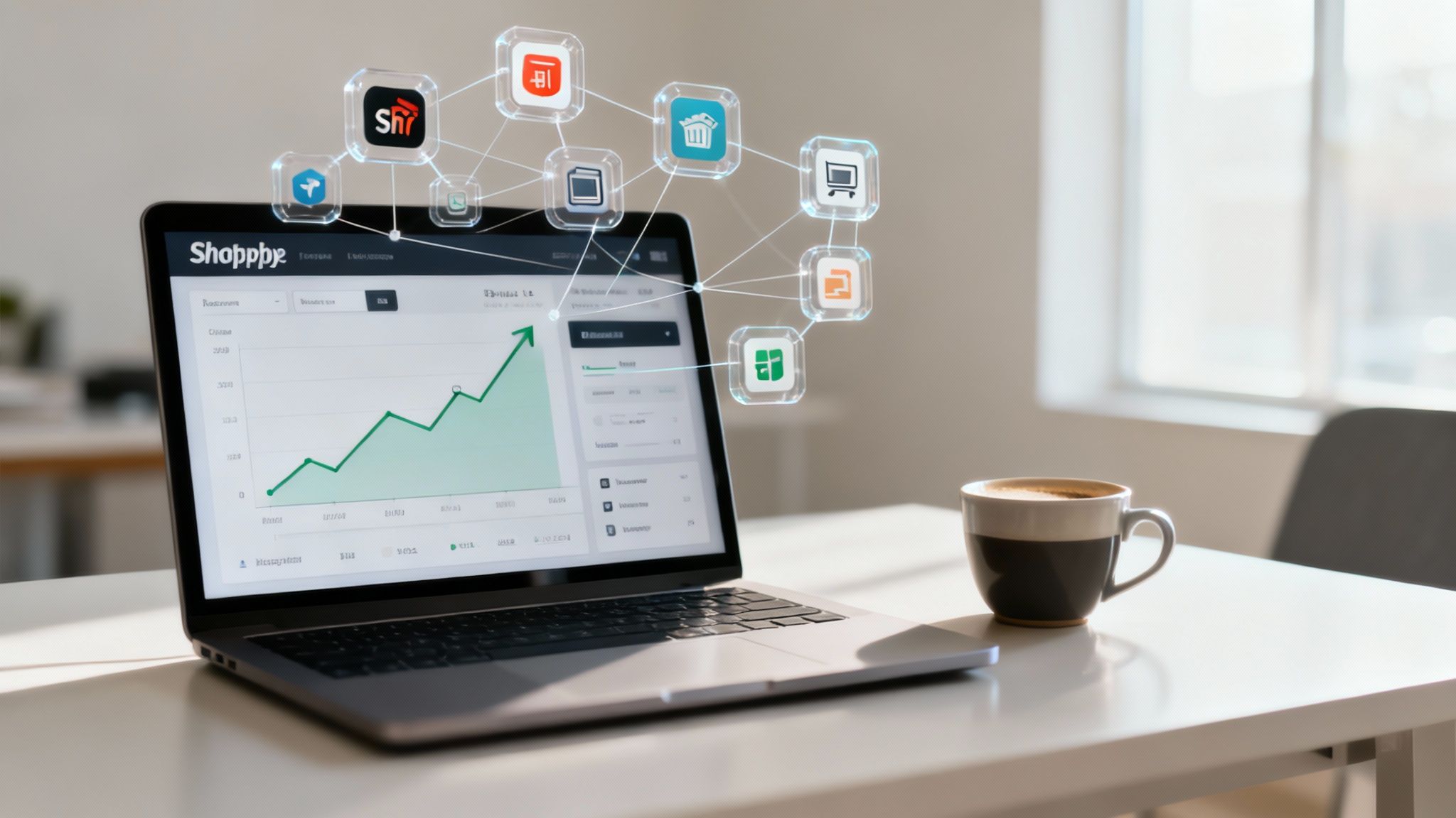 A person working on a laptop with charts and graphs in the background, representing a Shopify app strategy.