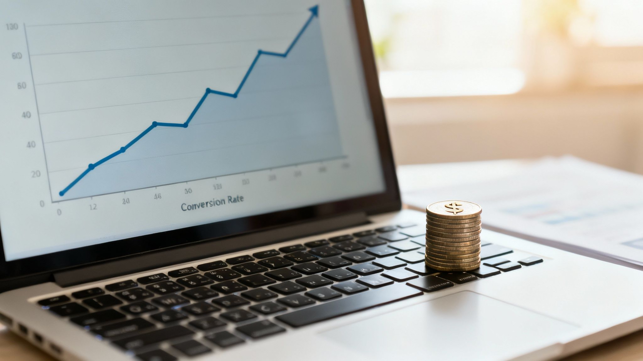 A person's hand holding a small shopping cart in front of a a laptop screen displaying a sales dashboard.
