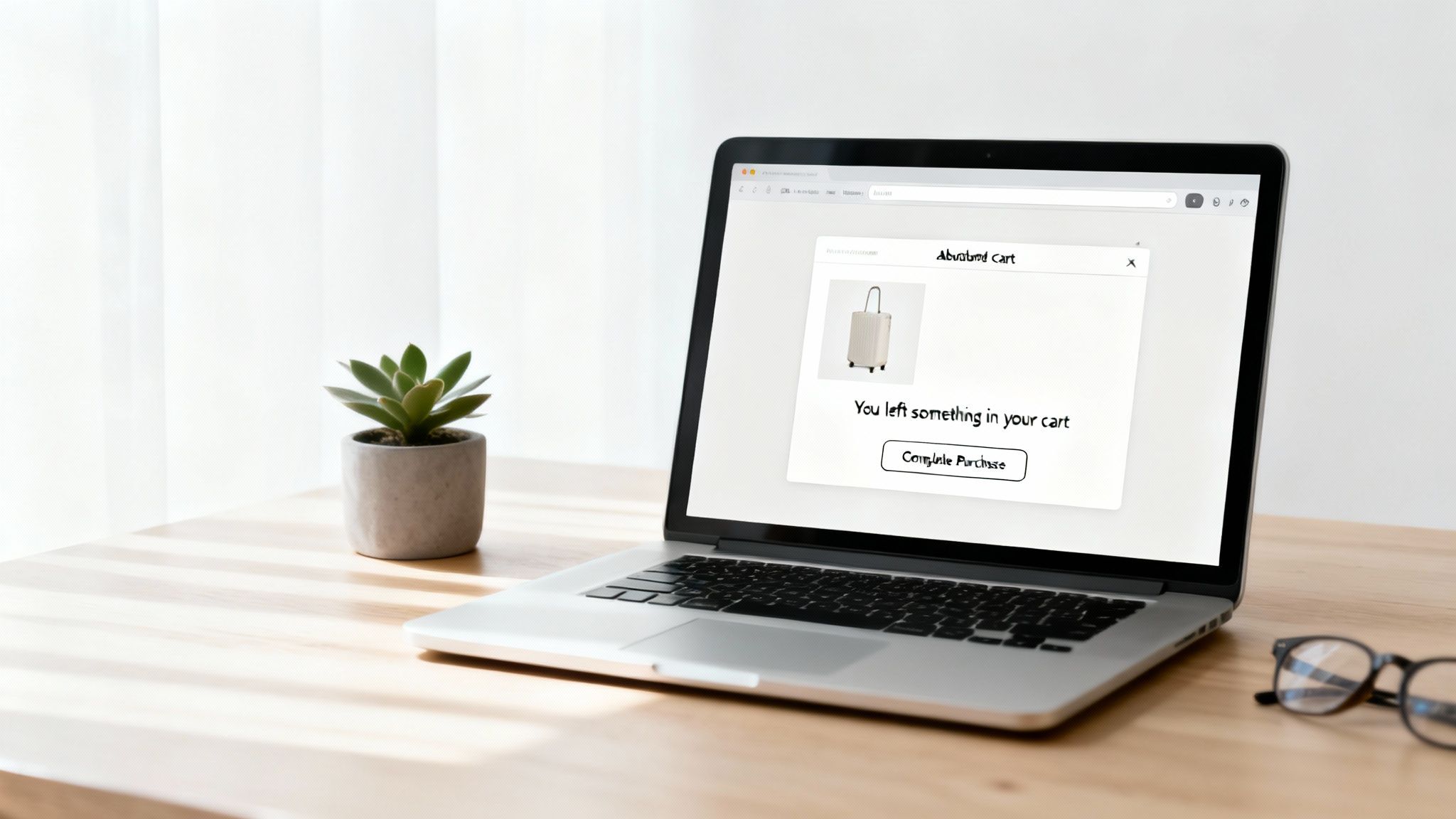 Laptop screen displaying abandoned cart notification with suitcase item and complete purchase button on desk