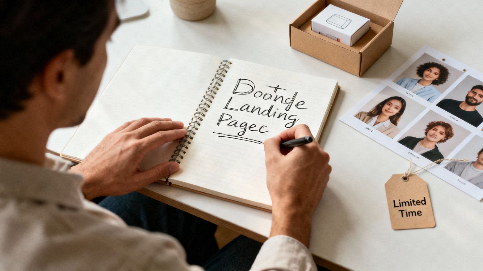A person's hands writing "Doongle Landing Pagec" in a spiral notebook on a white desk.