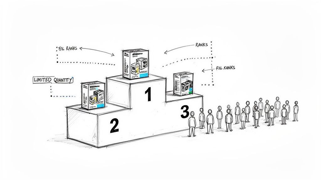 A sketch of a podium showing products ranked 1, 2, and 3, with a crowd and 'limited quantity' label.