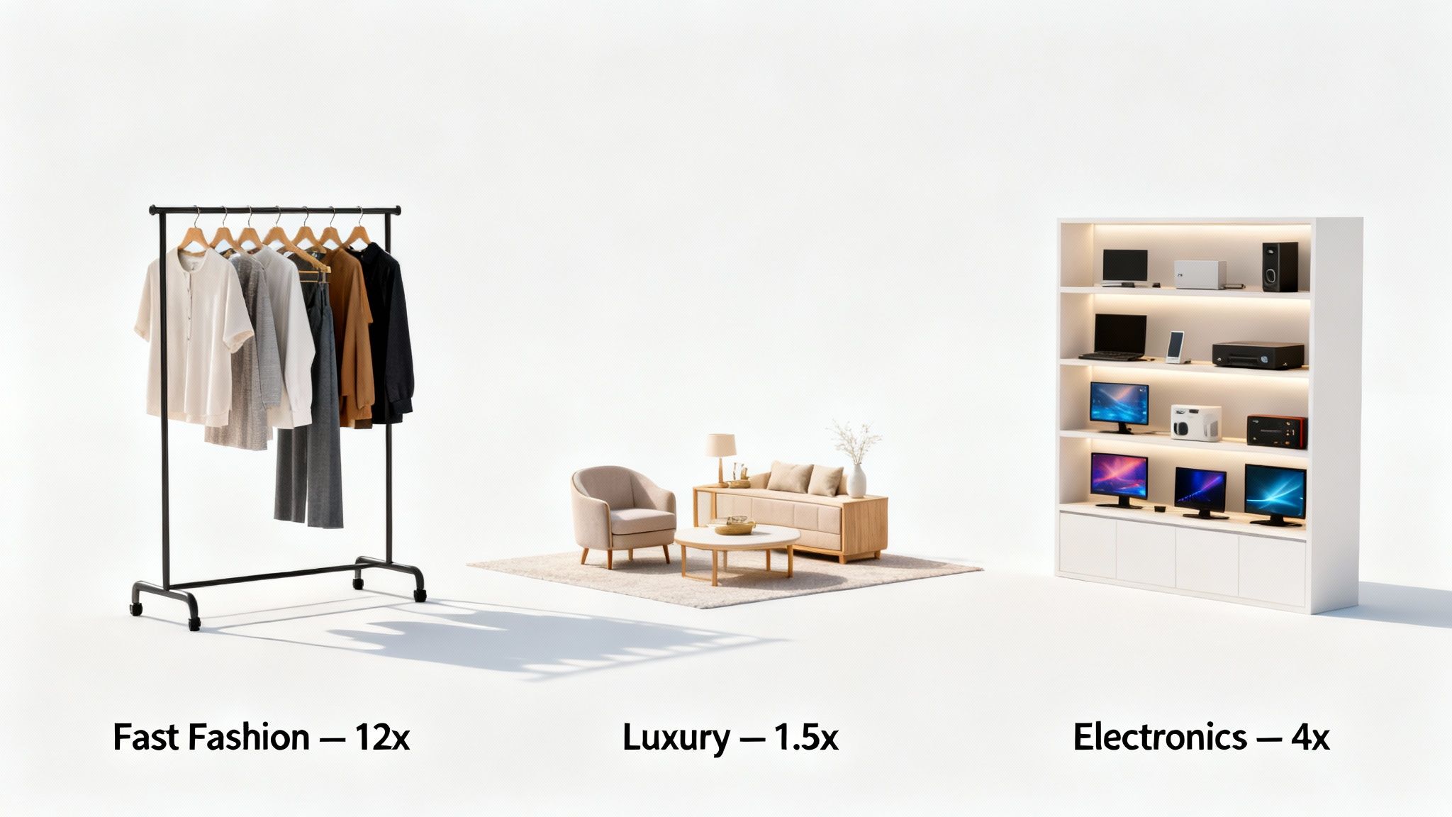 Visual comparison of Fast Fashion (12x), Luxury (1.5x), and Electronics (4x) inventory categories.