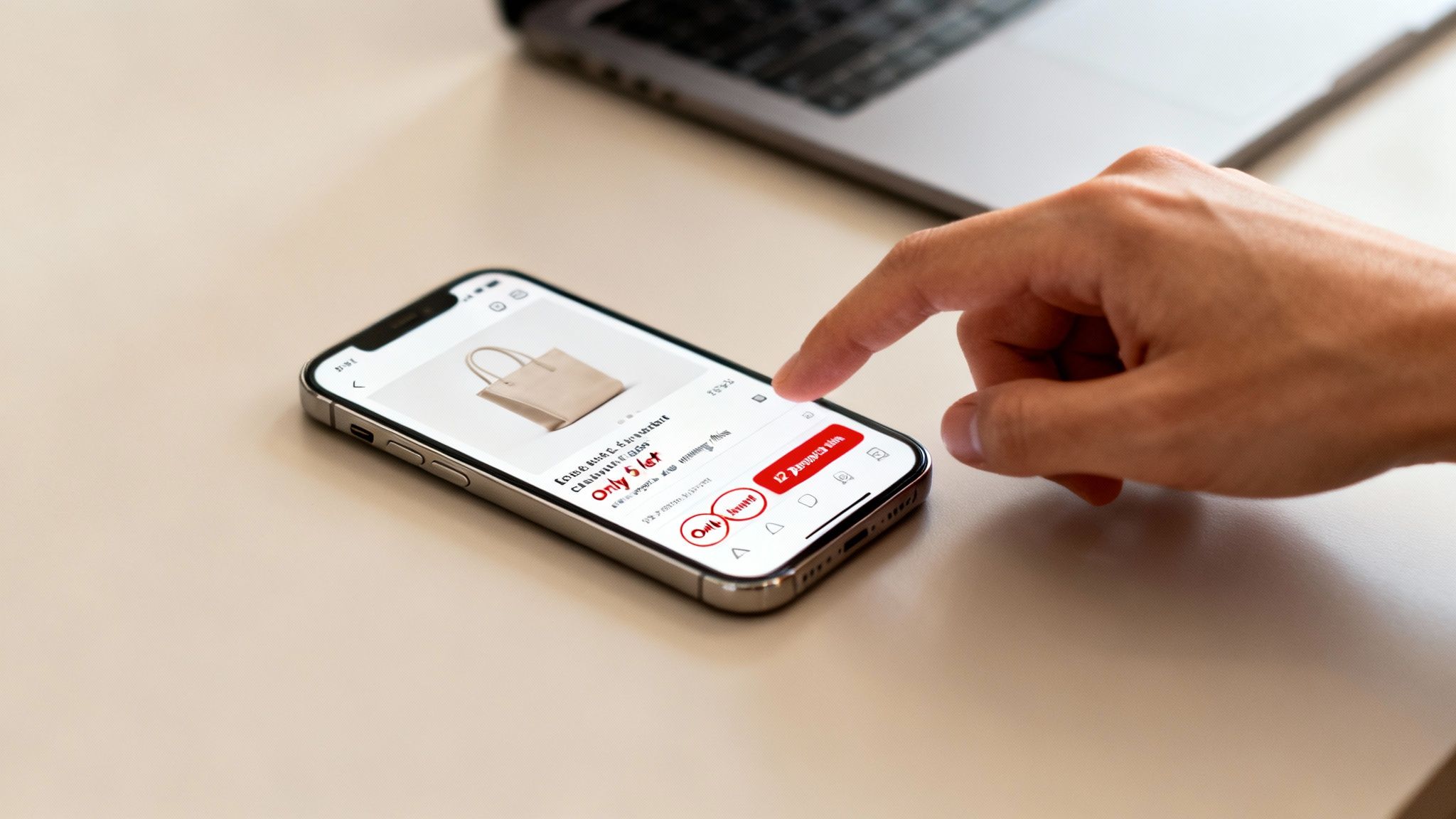 A hand tapping a smartphone screen displaying an e-commerce product page for a beige bag.