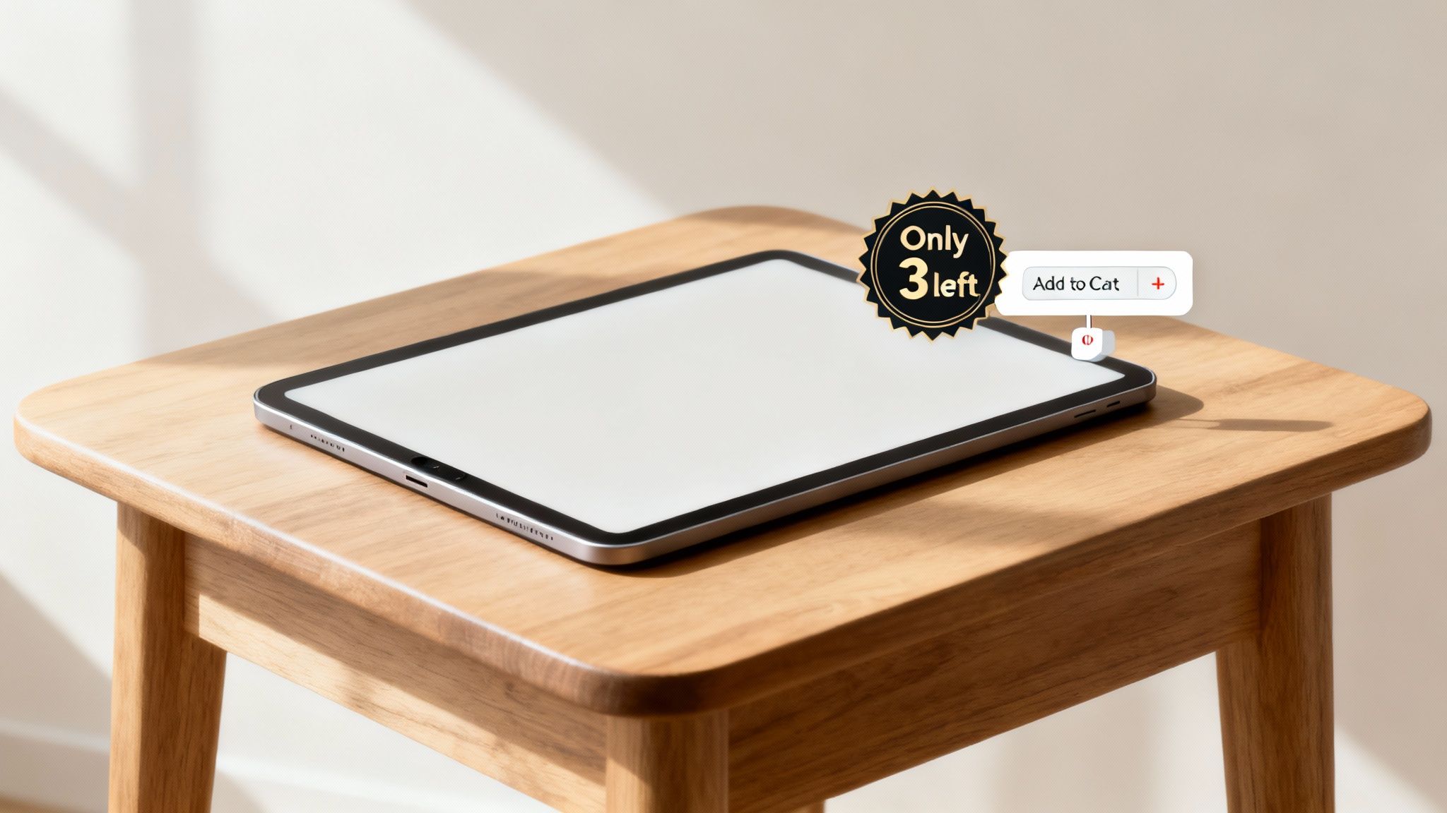 Tablet device on wooden table with add to cart button and only three left badge