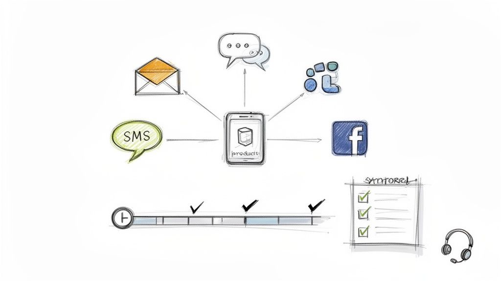 Diagram: A smartphone promotes a product via SMS, email, chat, and social media, showing a timeline and checklist.