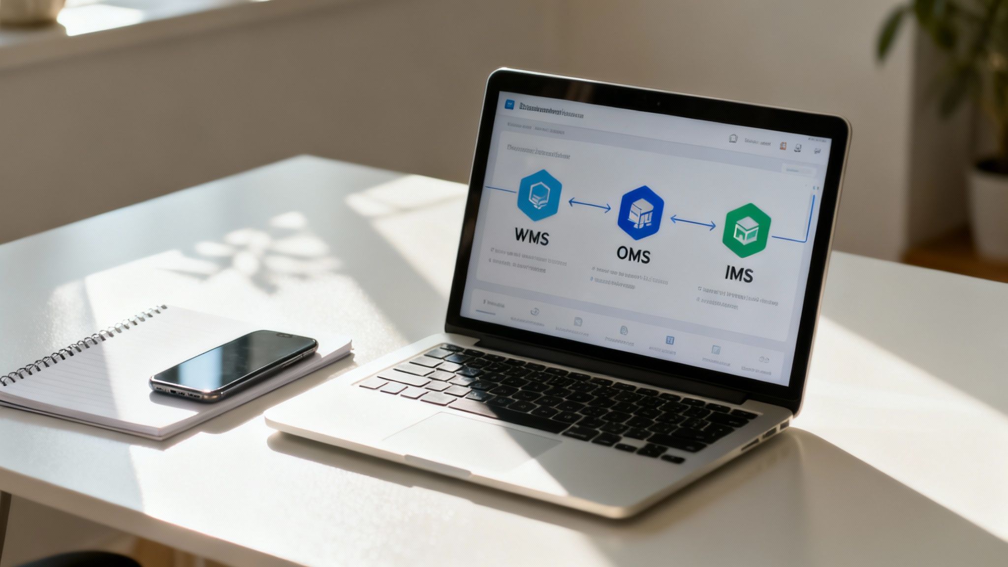 A laptop displays WMS, OMS, and IMS diagrams on a white desk with a smartphone and notebook.