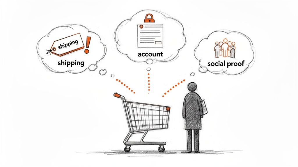 Illustration of a person and shopping cart with thought bubbles depicting shipping, account, and social proof.