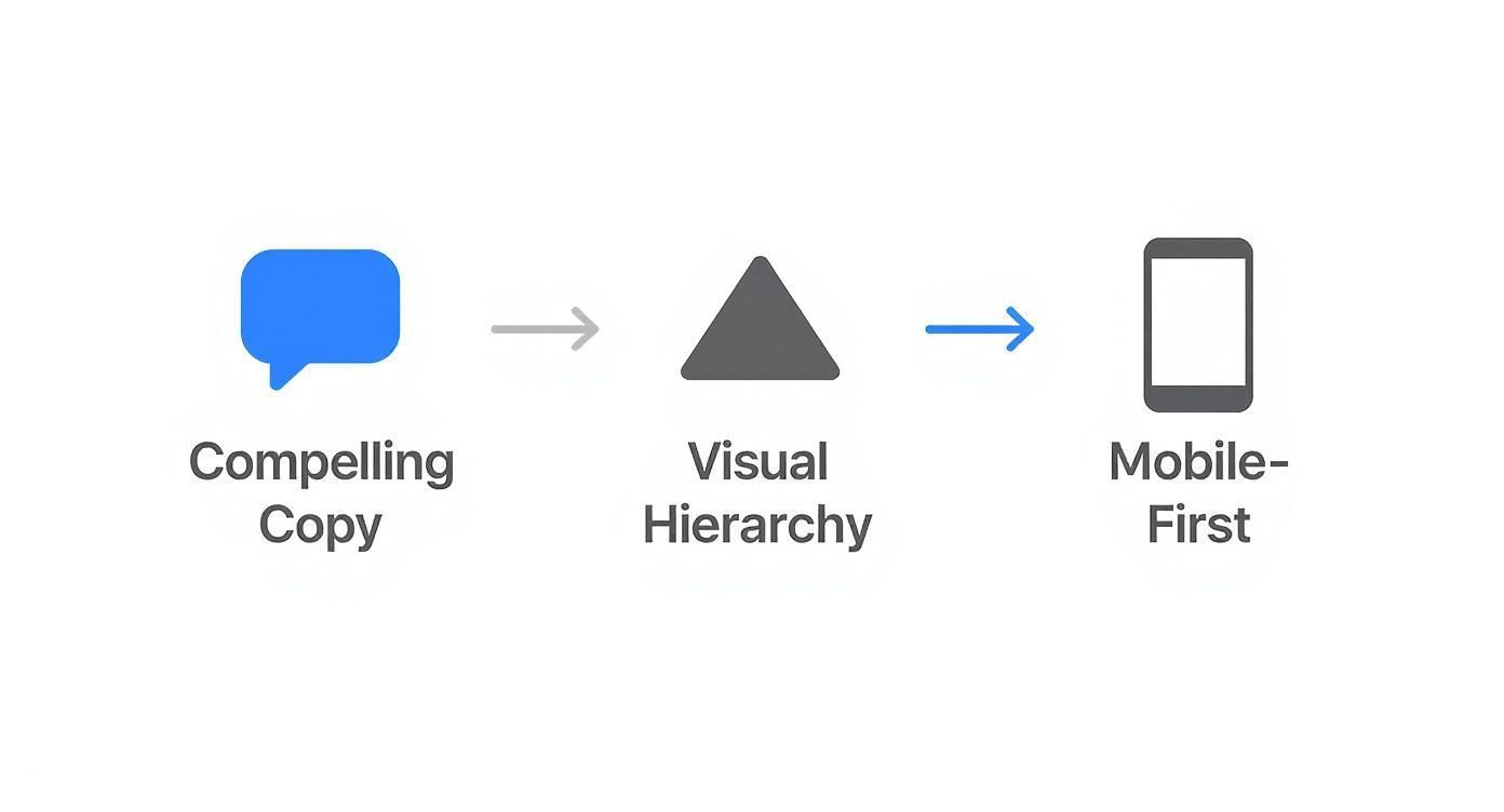 A visual diagram illustrating the development process from compelling copy and visual hierarchy to mobile-first design.
