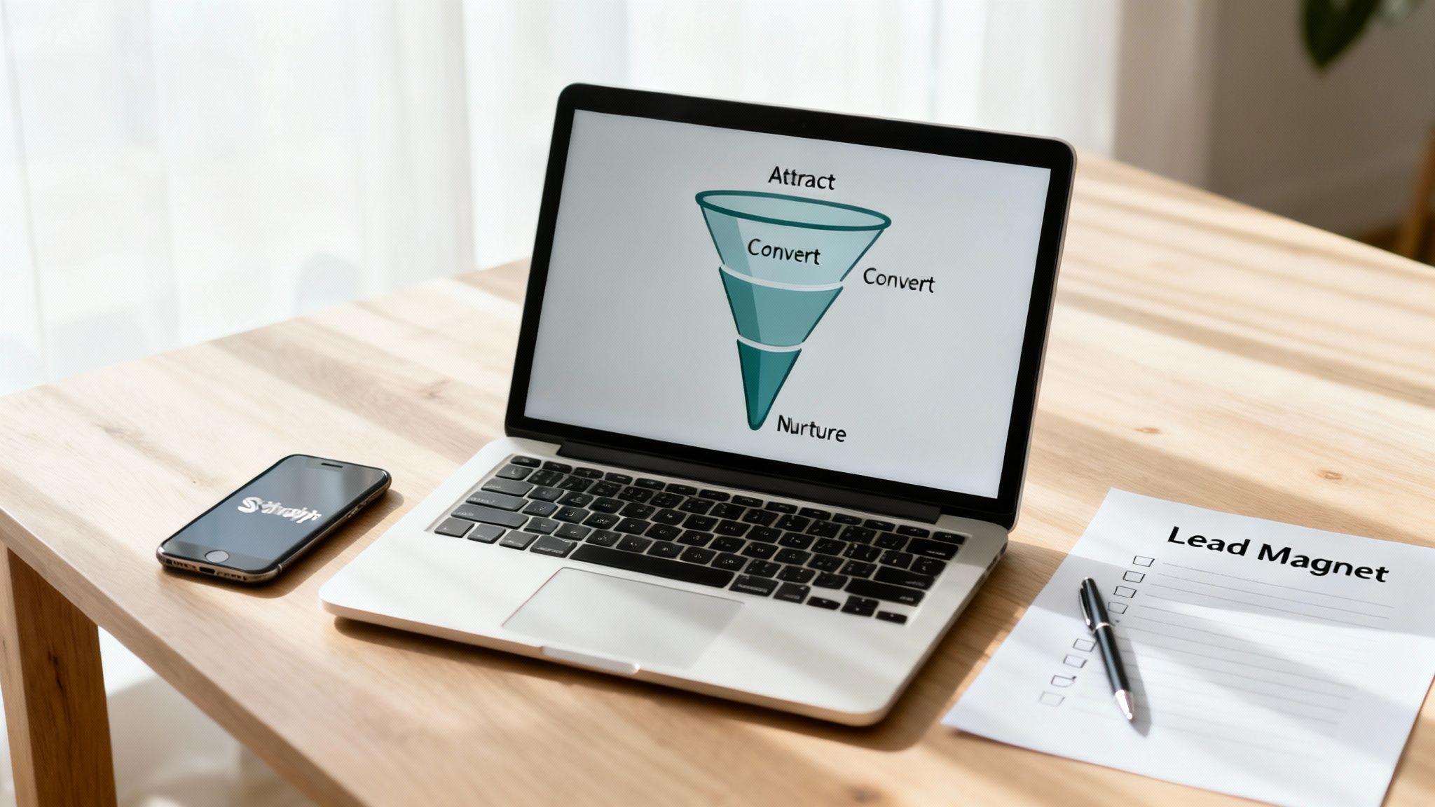 A laptop displays a sales funnel with 'Attract, Convert, Nurture' stages, next to a smartphone and a 'Lead Magnet' checklist.
