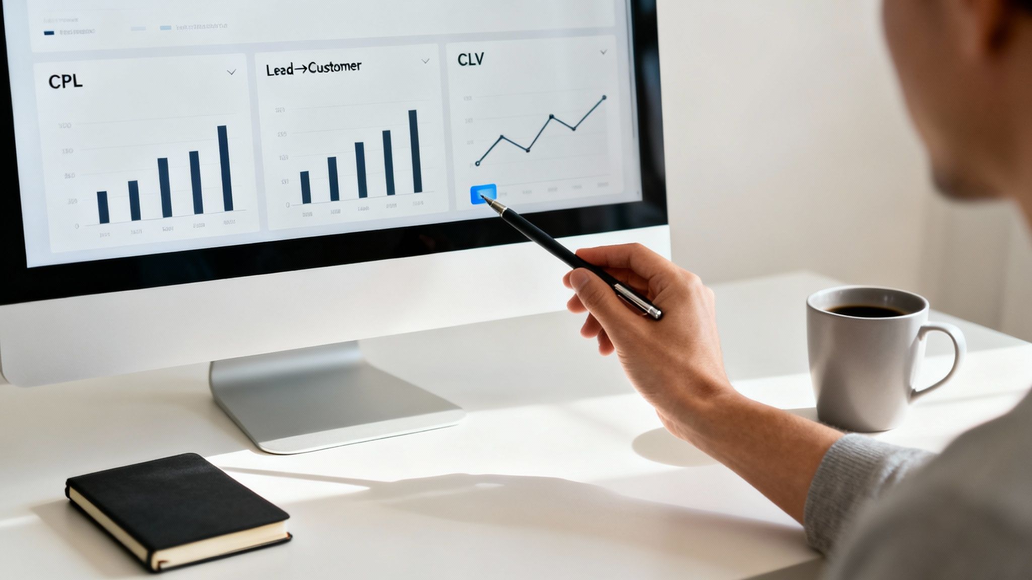 A person's hand points at a computer screen displaying business analytics and marketing data charts, with a coffee mug and notebook on the desk.