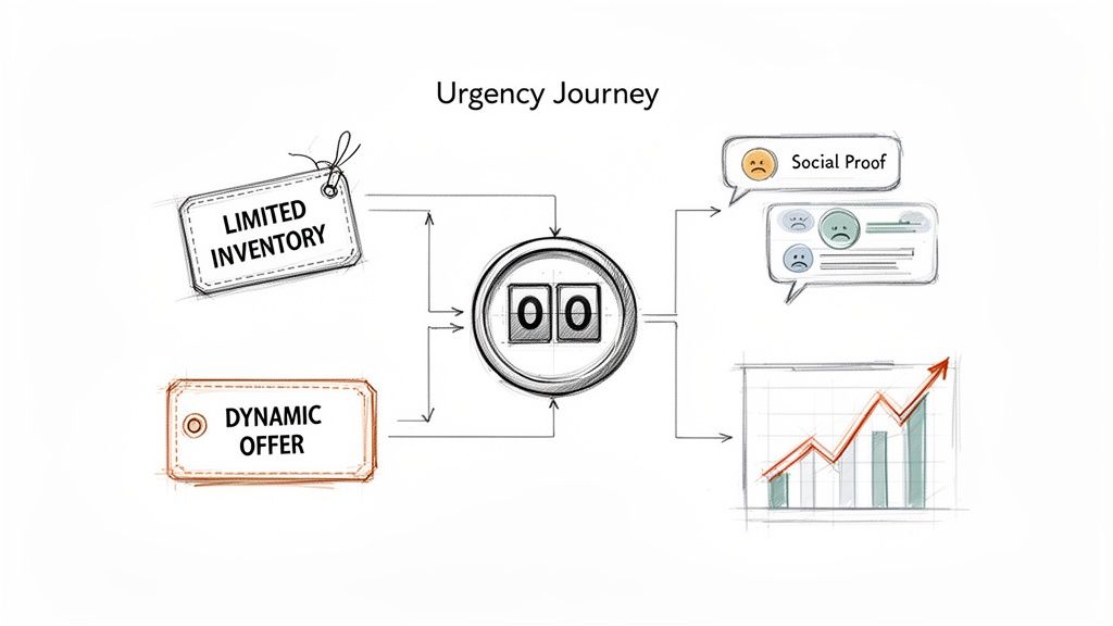 A diagram illustrating an urgency journey with limited inventory, dynamic offers, a timer, social proof, and a growth chart.