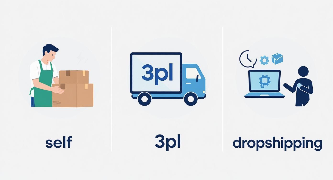 Illustration detailing three e-commerce fulfillment models: self, 3PL, and dropshipping.