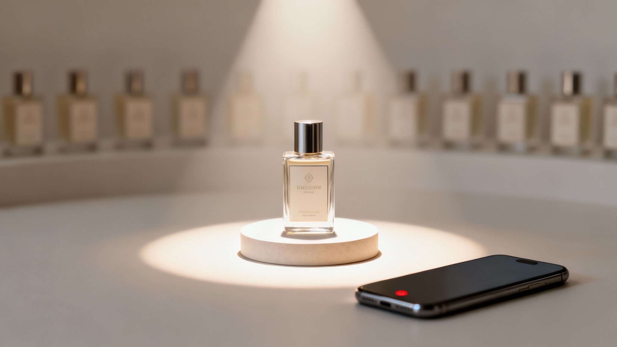 A luxurious perfume bottle stands on a spotlighted pedestal, with a smartphone in the foreground.