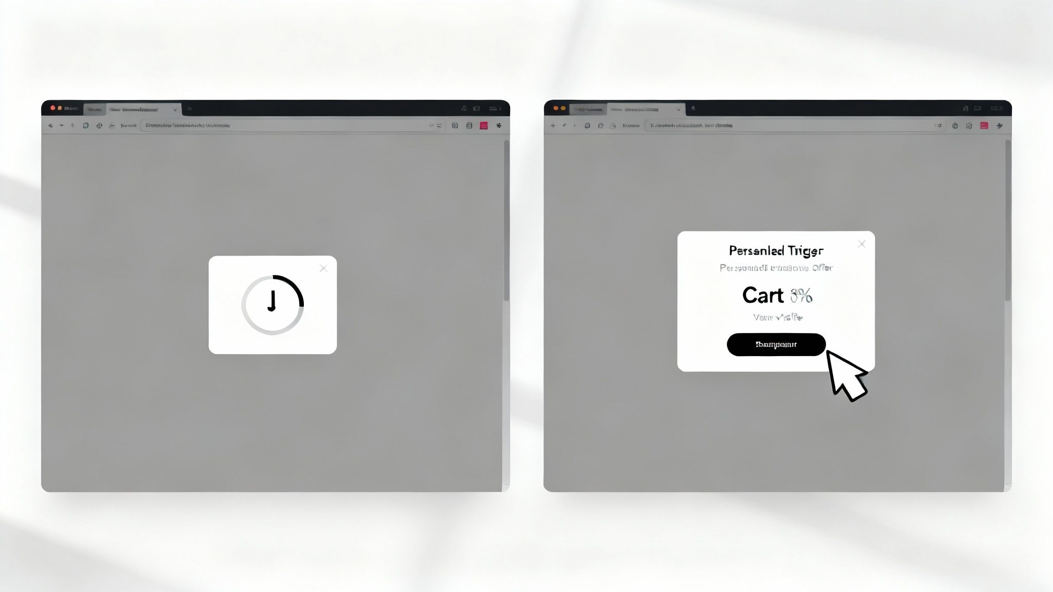 A visual comparison of a basic timer popup versus a sophisticated, behavior-triggered popup on a Shopify store.