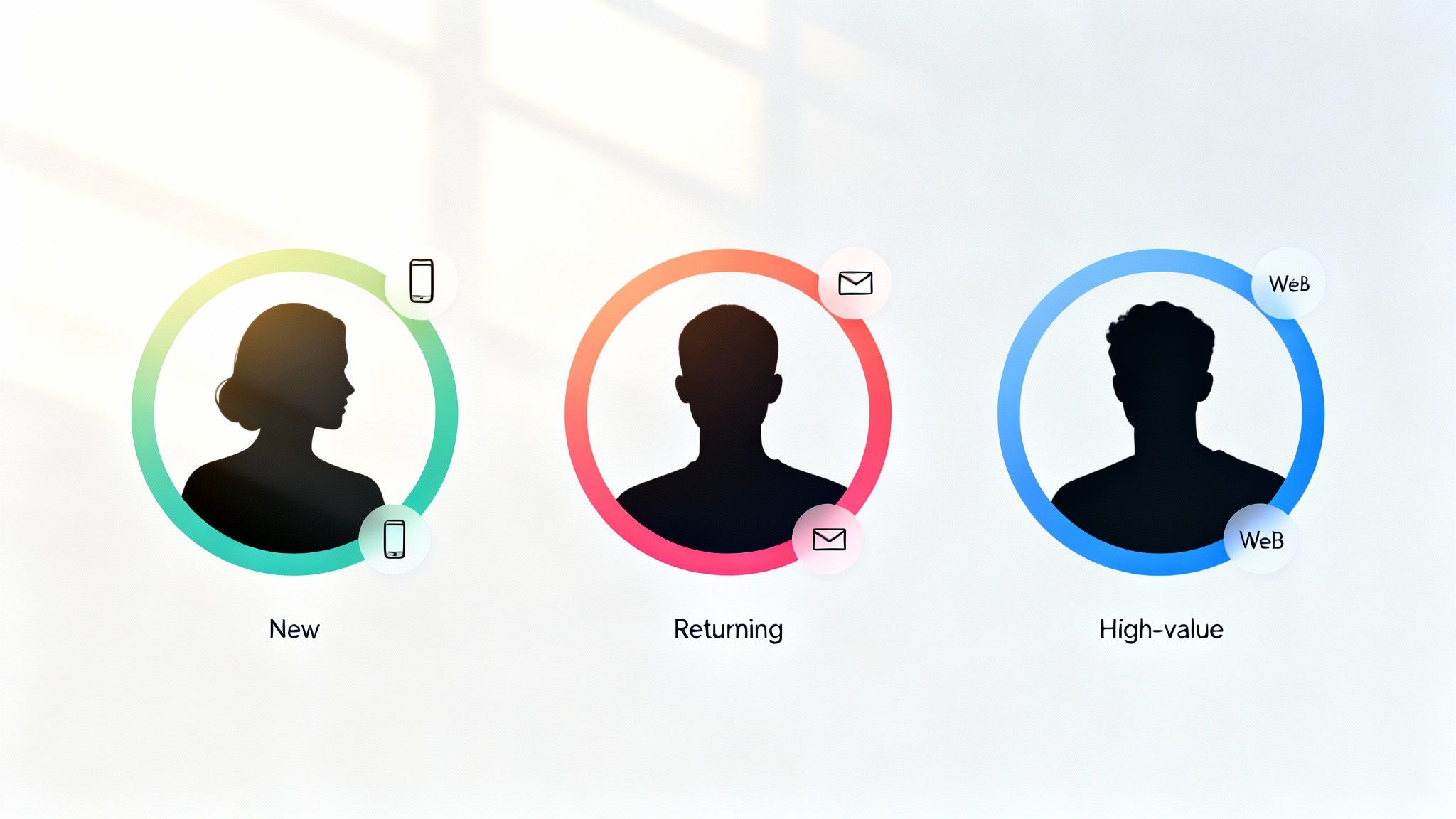 Three user profiles: new with mobile, returning with email, and high-value with web channels.