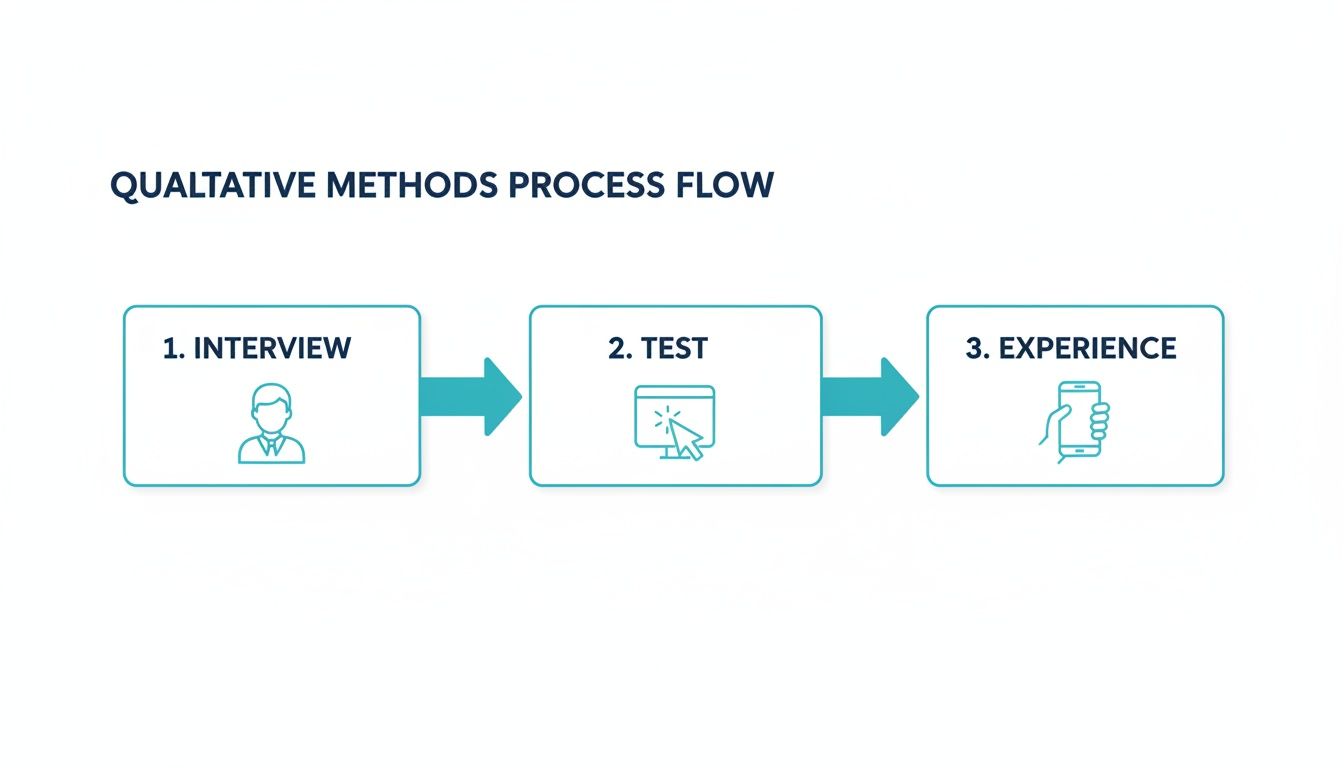 A qualitative methods process flow diagram illustrating interview, test, and experience stages with icons.
