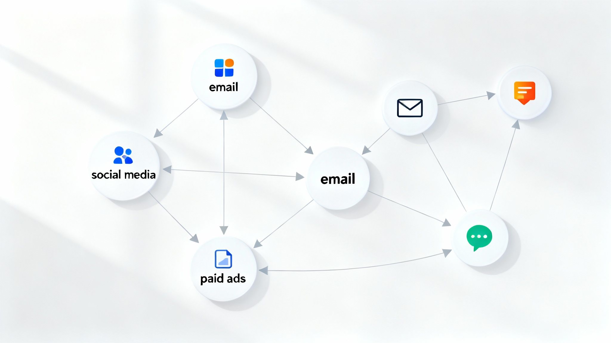 A complex flowchart showing different customer touchpoints leading to a final conversion, representing marketing attribution.