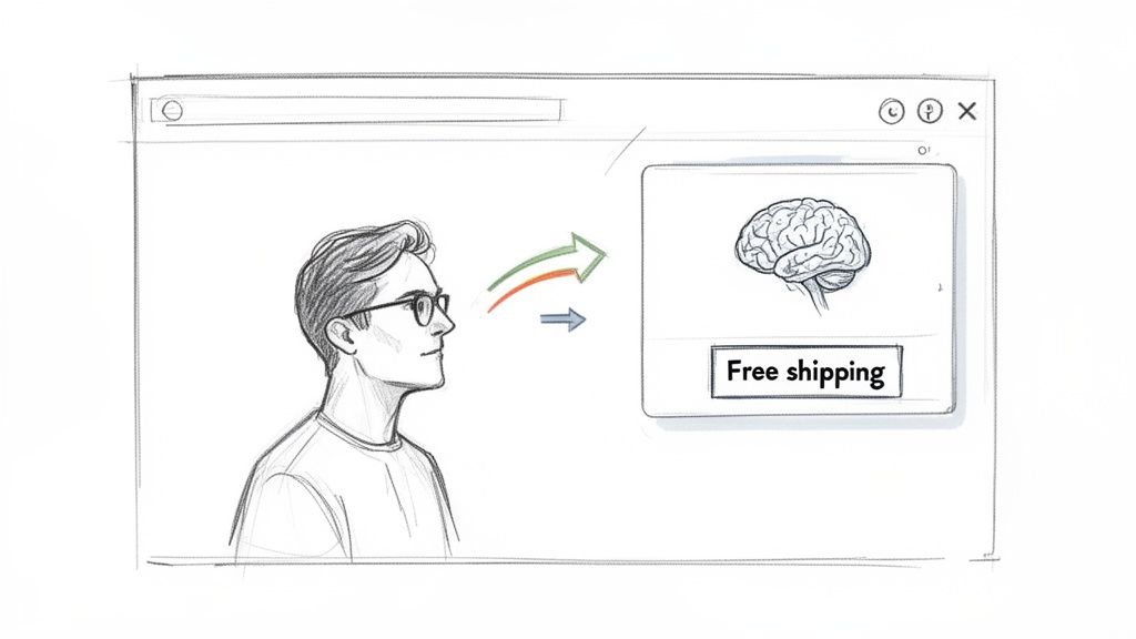 A man views a browser window featuring an exit-intent popup with a brain and 'Free shipping'.