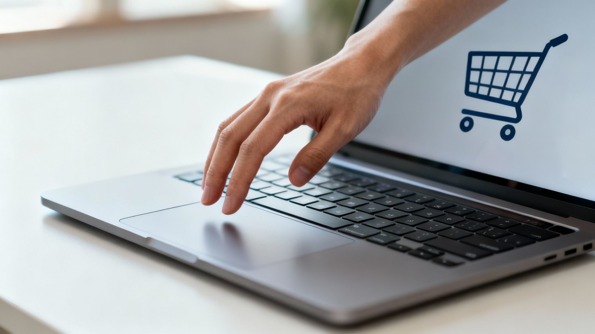 A person looking thoughtfully at a laptop screen with a shopping cart icon.