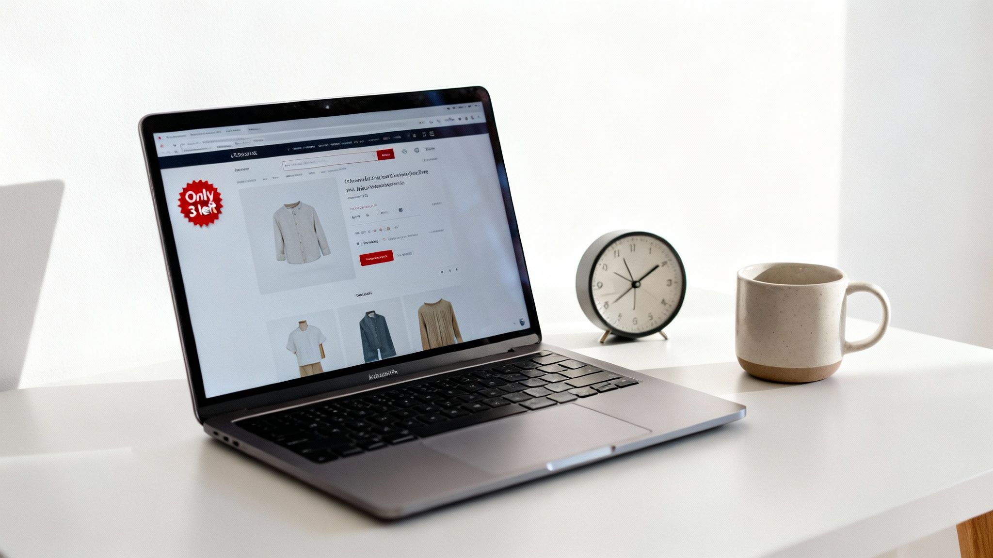 A laptop on a white desk displaying an e-commerce website with a product, alarm clock, and mug.