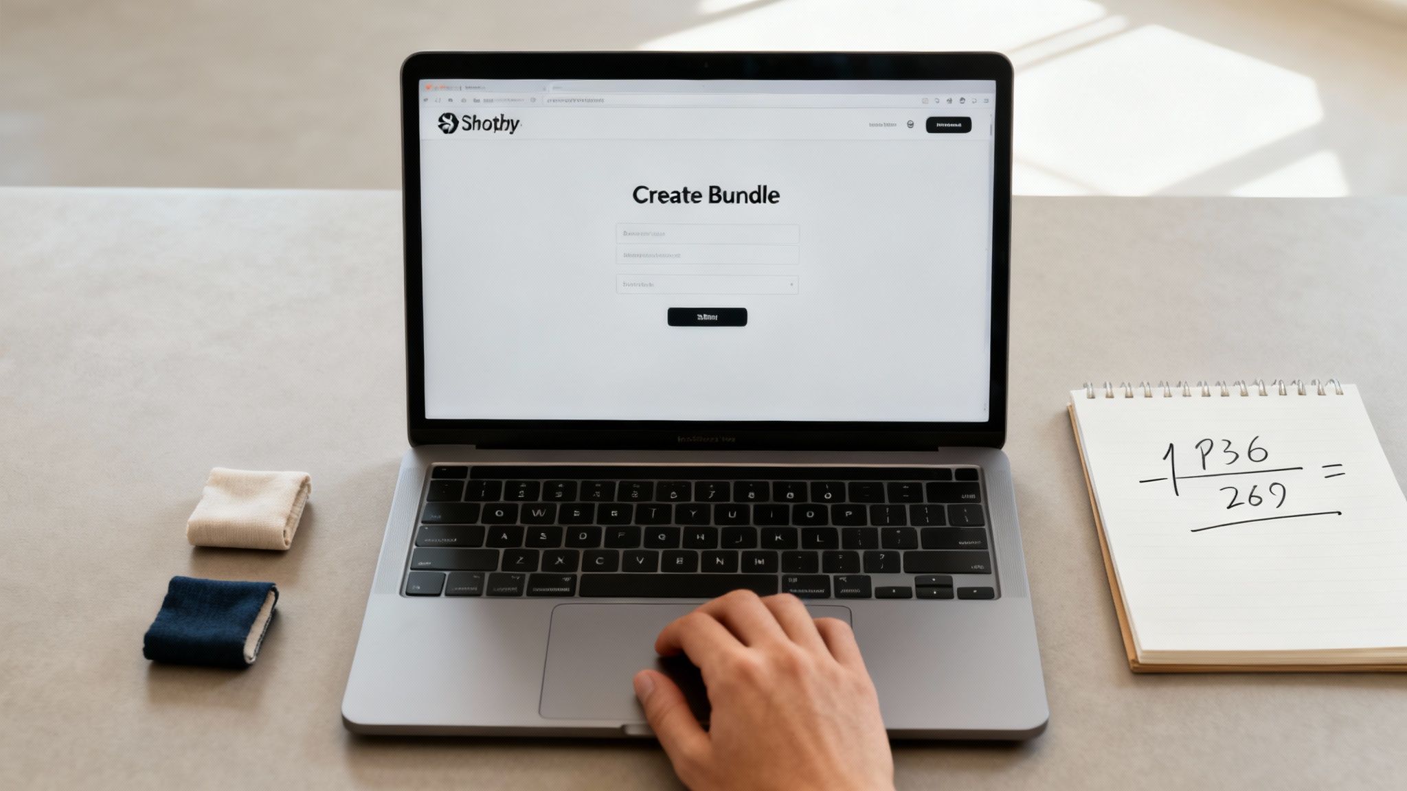 A Shopify store owner on a laptop, analyzing sales data to create product bundles.