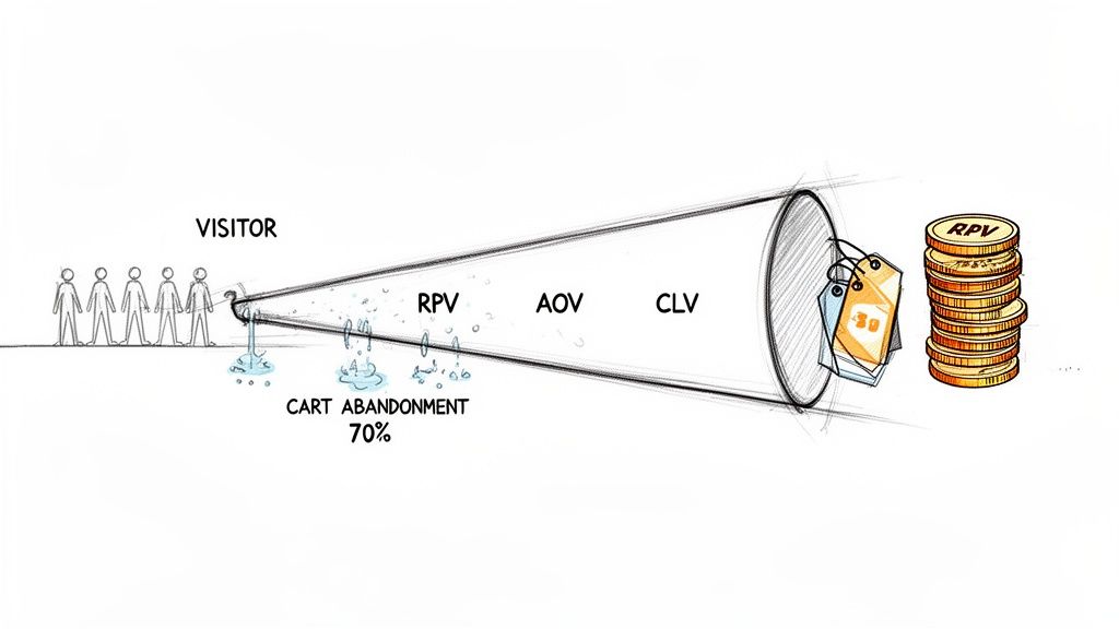 A marketing funnel diagram showing visitors, 70% cart abandonment, RPV, AOV, and CLV leading to revenue.
